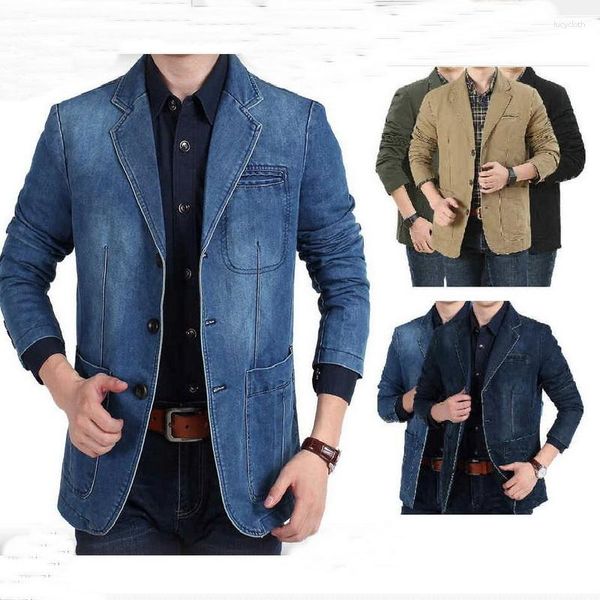 Ternos masculinos Mens Denim Blazer Masculino Terno Casual Bolso Jaqueta de Trabalho Moda Jeans Blazers Outerwear Solto