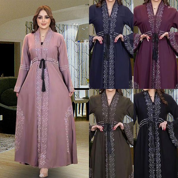 Etnik Giyim Elbiseleri Eid Müslüman Kadınlar Elbise Dubai Kaftan Flare Sleeve Abaya Abaya Jalabiya Türkiye Ramazan İslam Partisi Abayas Robe Belt Kaftan