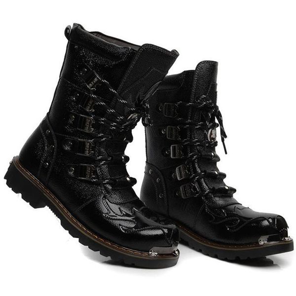 Men Boots Motorcycle Fashion Mid-Calf Punk Rock Punk PU Leather Black High Top Mens Casual Boot Steel Toe Shoes Big Size 38-46 For Boys Party Boots