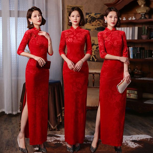 Vestidos casuais básicos estilo chinês vestido longo gateia slim cheongsam feminino vermelho qipao algodão festa de casamento hanfu verão 230911