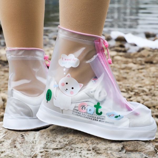 Botas de chuva crianças sapatos de chuva capa impermeável macio dos desenhos animados impresso overshoes para crianças meninas antiderrapante botas de chuva elásticas com zíper longo 230912