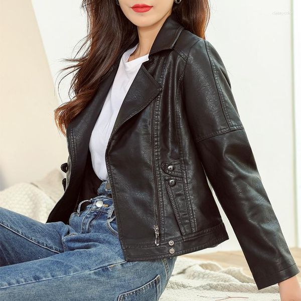 Женская кожаная 2023 весна-осень модная простая короткая одежда корейская тонкая мотоциклетная куртка