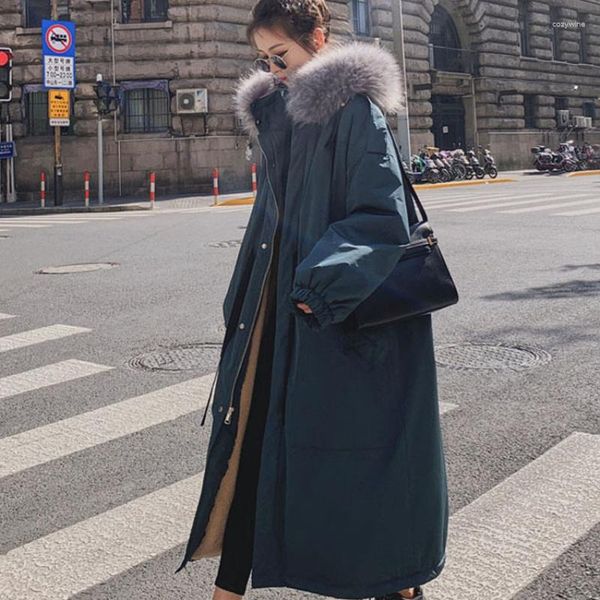 Casacos de trincheira femininos com capuz quente grosso jaqueta de algodão mulheres inverno 2023 casual grande gola de pele acolchoada casaco feminino roupas coreanas manteau