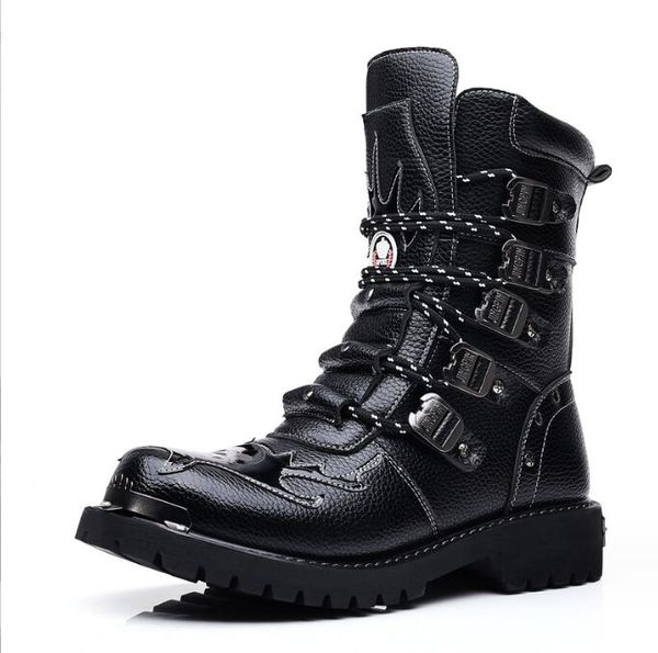 Kış Men Motosiklet Botları Yeni Moda Orta Kalif Punk Rock Punk Ayakkabıları Erkekler Gerçek Deri Siyah Üst Erkek Boot 38-46 Erkek Parti Botları için