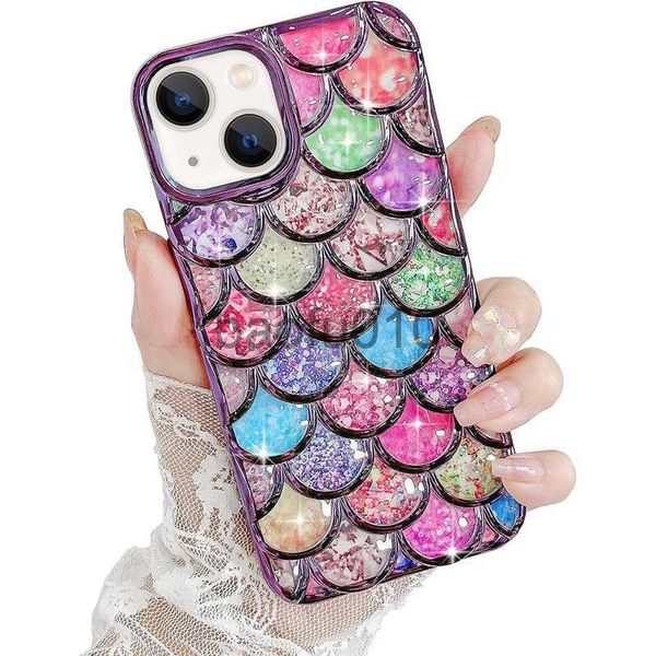 Capas de telefone celular fofas com padrão de escala de sereia 3D Bling Glitter para mulheres meninas revestimento brilhante capa de silicone TPU macia capa protetora de telefone à prova de choque para iPhone 15 14 13