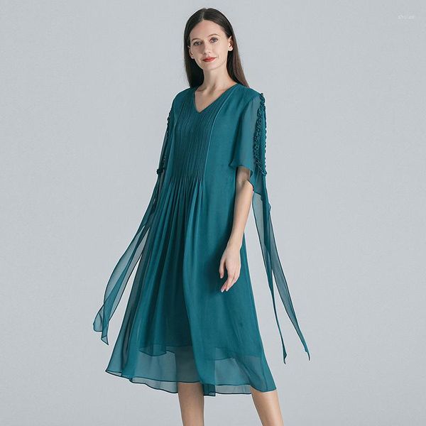 Повседневные платья Индиго-синее двухслойное шелковое женское платье с v-образным вырезом и короткими рукавами, свободное элегантное летнее платье AE1817
