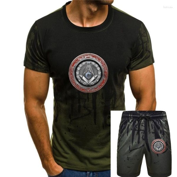 T-Shirts für Herren, T-Shirt mit freimaurerischen Symbolen, 3. Grad, Mason, Silber, Juwel, Master, Quadrat und Kompasse über rotem Samt, T-Shirt, Basic-T-Shirt