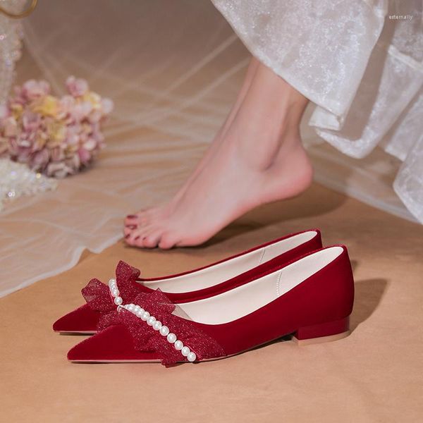 Scarpe eleganti da sposa Donna incinta Comoda pelle scamosciata rossa vino Perla singola Stringate in pizzo Stile retrò cinese