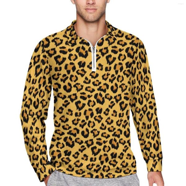 Polo da uomo Polo classica leopardata ampia Polo uomo Pelliccia sintetica Stampa animalier Maniche lunghe T-shirt casual Camicia di design autunnale di tendenza Taglia grande