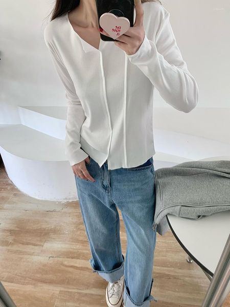 Kadın Tişörtleri Uzun Kollu V Boyun İnce Fit Kaburga Tee Üst Kadın 2023 Sonbahar Moda Katı Yama Pamuk Pamuk Karışımı Streç Temel Gömlek Beyaz