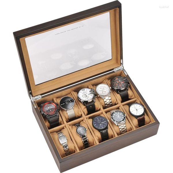 Коробки для часов Деревянная коробка 10 слотов Винтажный футляр для хранения Прозрачный просвет Наручные часы Дисплей Держатель Организатор Идея подарка