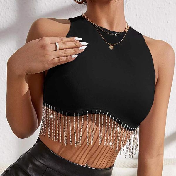 Canotte da donna Moda Clubwear sexy Nappa con diamanti Top senza maniche Collo appeso T-shirt Slim Lady Bralette Strap Skinny T-shirt femminile