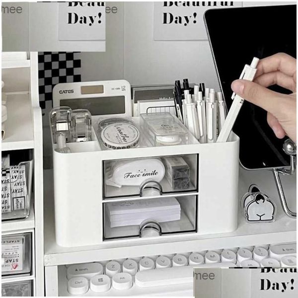 Caixas de armazenamento Caixas Desktop Der Pen Holder Box Organizador Cosméticos Plástico Papelaria Lápis Organização Escritório Prateleira 1 Pc Z230811 Drop Dhgpv