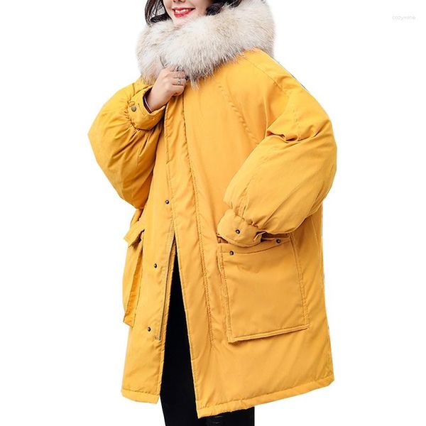 Casacos de Trench das Mulheres Jaqueta de Inverno Mulheres Com Capuz Gola De Pele Grosso Algodão Feminino Oversized Amarelo Vermelho Preto Azul Bege Casaco Longo Parka Jaquetas