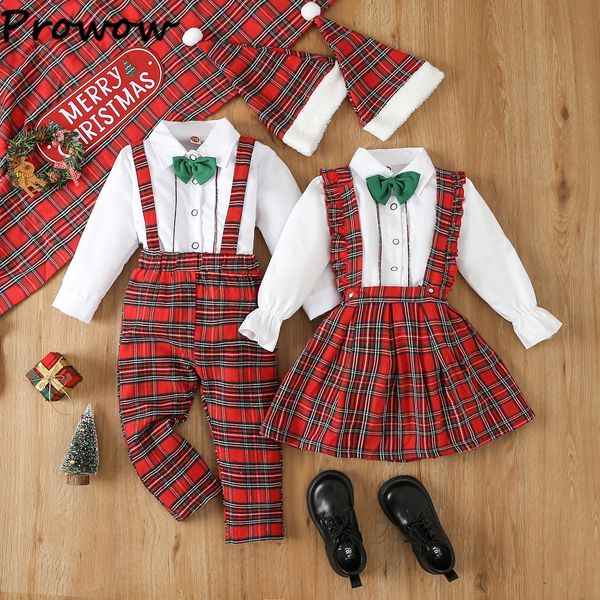 Kleidungssets Prowow Schwester und Bruder passende Kleidung Kinder Weihnachtsoutfits Krawatte HemdenHosenträger karierte Röcke/Hosen Jahreskostüm 230912