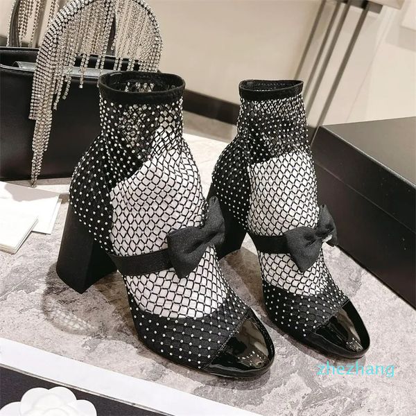 2023-Luxury Designer Rhinestone Buckle Chunky Heel Womens Shoes 8.5cm High Heeled Bootie Moda Misturada Cor Ankle Boot Calçado de Fábrica