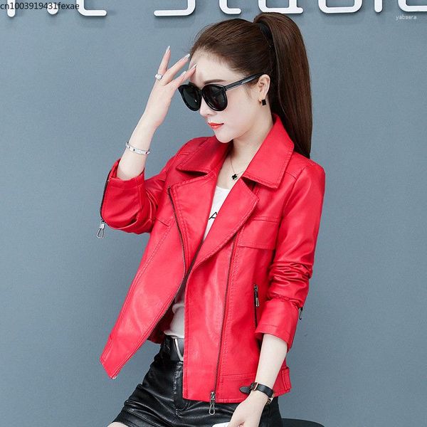 Frauen Leder Mantel Frühling Herbst 2023 Jacke Damen Kurze Pu Dünne Dame Rot Schlank Mädchen Top