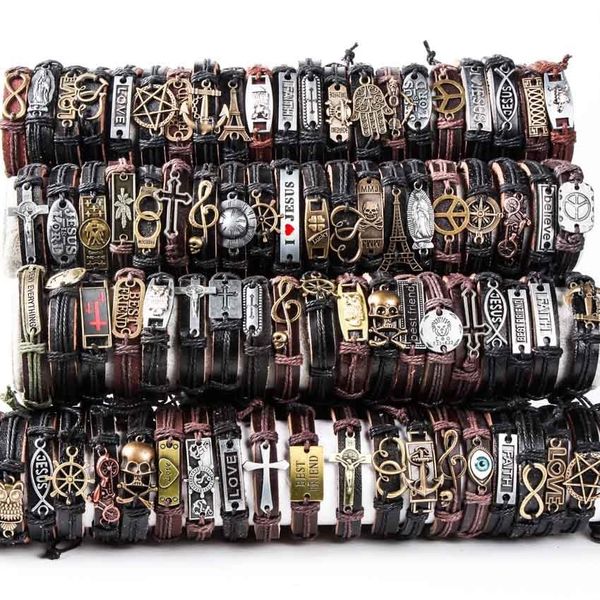 Bangle Hoqiaga 100 pcs pulseiras de couro homens mulheres genuíno vintage punk rock retro casal artesanal manguito pulseira atacado lotes em massa 230911