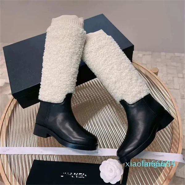 2023-designer mulheres lã cavaleiro joelho-altas botas clássico luxo moda sexy preto branco botas de couro grosso inverno elétrico lãs de malha sapatos de salto baixo