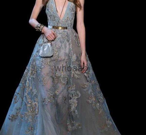 Magnifico elegante abito da sera Elie Saab con scollo profondo in pizzo abito formale corpetto illusione lunghezza pavimento abito da tappeto rosso con paillettes HKD230912