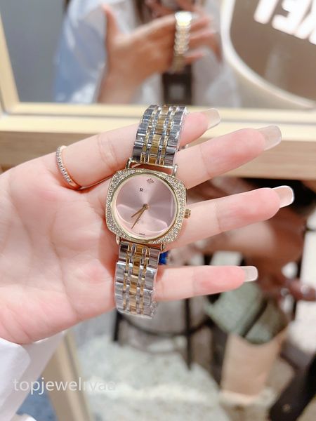 Relógio de alta qualidade R letra anel de diamante pequeno quadrado 32mm delicado relógio pequeno senhoras meninas relógio elegante e exclusivo relógio masculino designer