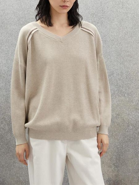 Camisolas femininas Beading Chain Cashmere Sweater para mulheres com decote em v casual solto 2023 outono feminino manga comprida pulôver
