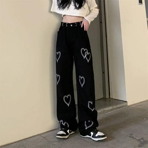 Женские джинсы с принтом «Любовь», женские брюки, модные свободные брюки с высокой талией в стиле Харадзюку, прямые брюки, повседневная женская одежда в стиле хип-хоп Y2k