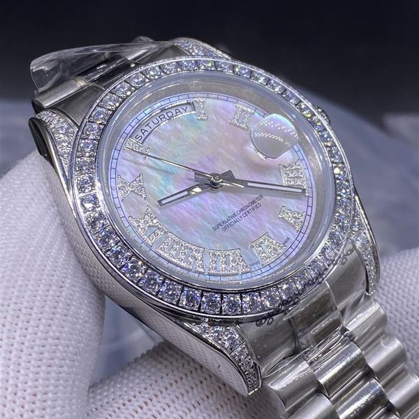 Orologio da uomo di lusso con anello singolo Diamond White Pearl, cinturino in acciaio inossidabile da 41 mm, data automatica 190T