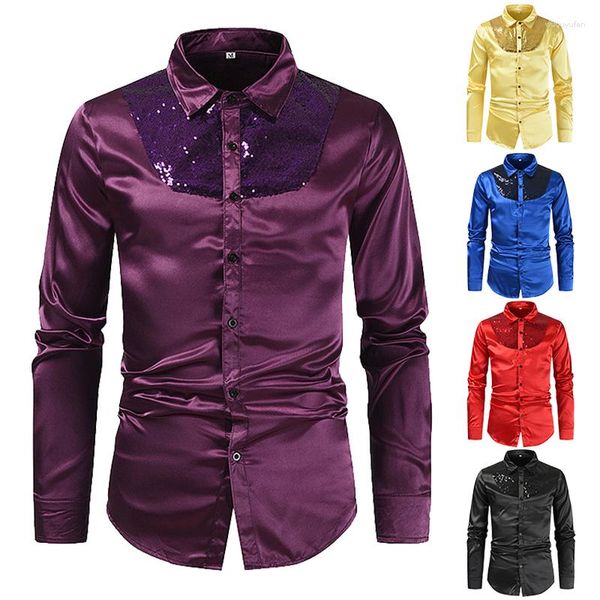 Camisas de vestido masculinas brilhantes bola fina casamento luxo seda-como cetim camisas de manga longa/tops lantejoulas camisa de dança discoteca S-XXL