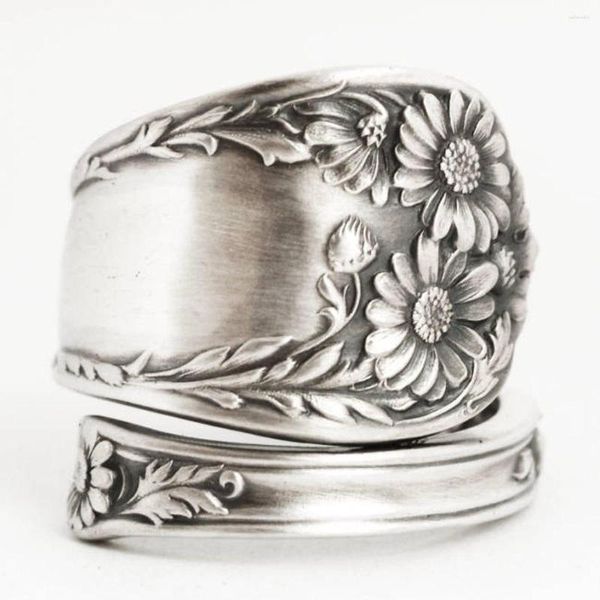Küme Yüzük Vintage Gümüş Renk Oyma Daisy Çiçek Kaşığı Kadınlar Yaratıcılık Düğün Nişan Partisi Takı Hediyesi