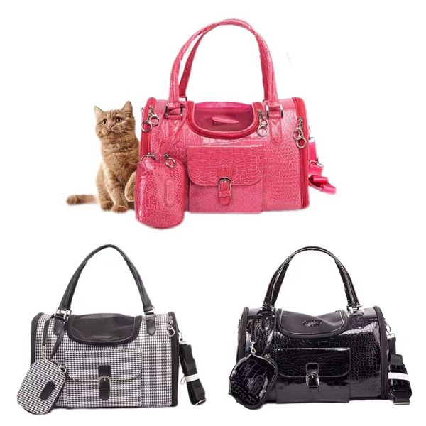 YUEXUAN Designer-Tasche, atmungsaktiv, tragbar, PU-Leder, für Katzen und Hunde, Haustier-Einkaufstasche, Ausflüge, Haustier-Schulterhandtaschen, modische, luxuriöse, belüftete Tasche, Rosa, Schwarz, Grau