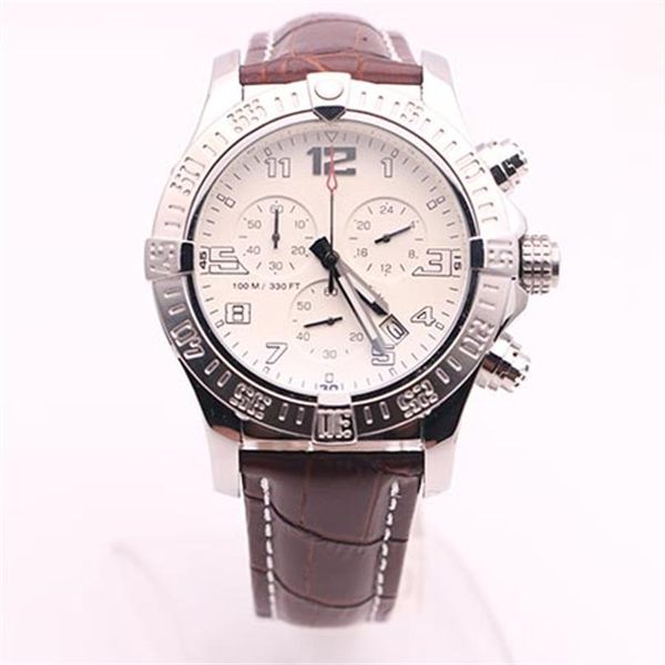 Ausgewählter Lieferant von DHgate: Uhren für Herren, Seawolf-Chrono, weißes Zifferblatt, braune Ledergürteluhr, Quarz-Batterieuhr, Herren-Kleideruhren298j