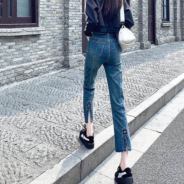 Damen-Jeans, abgeschnittene Hose, Frühling und Herbst, hoch tailliert, gerades Bein, Mikro-Ausgestellter Rücken, geteilt, Design-Sense, lässig, Röhre