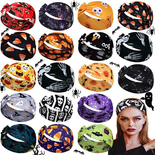 Halloween-Druck-Stirnband, Knoten, breites elastisches Haarband, Totenkopf-Kürbis-Muster, Turban-Kopfbedeckung für Mädchen, Kopfbedeckung, weiches Bandana