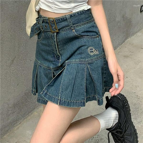 Saias saia infantil 2023 verão edição coreana vintage bordado denim curto cintura alta moda plissada metade
