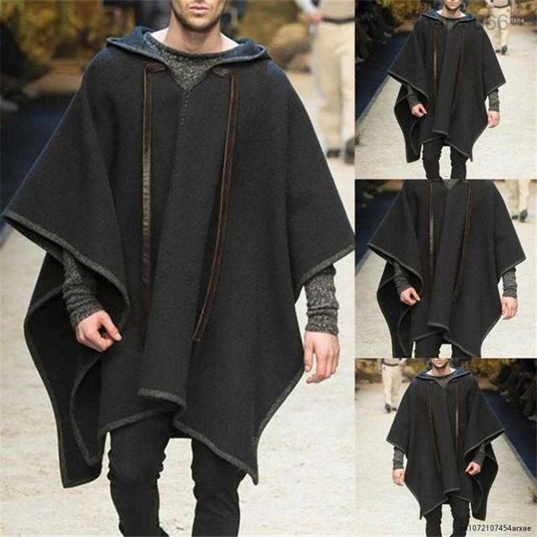 Casacos de Trench Masculinos Moda Homens Manto Com Capuz Cor Sólida Capa 2023 Streetwear Poncho V Pescoço Solto Lã Irregular Longo Preto