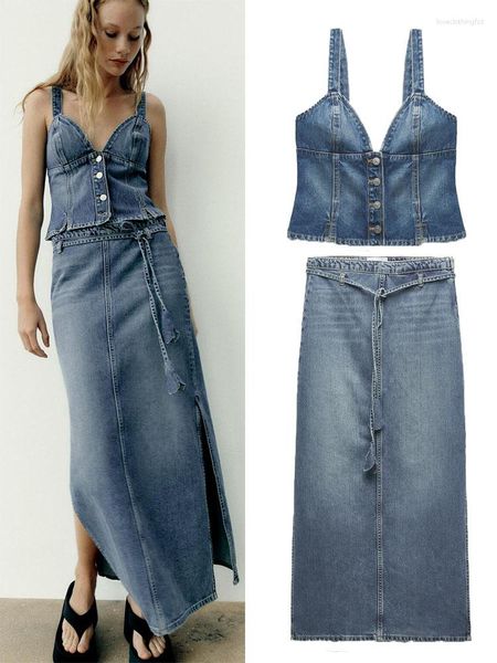 Vestidos de trabalho Cowgirl terno 2023 verão denim suspender top saia de cintura alta com flor cinto decorativo