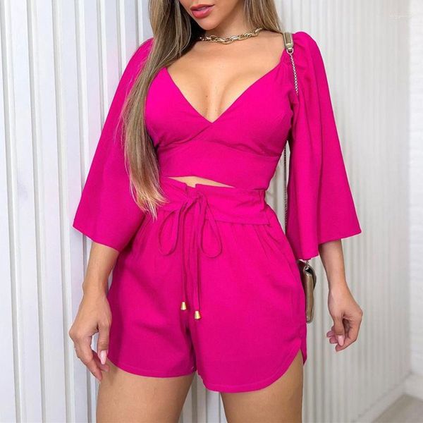 Damen Trainingsanzüge Casual Frauen Set 2023 Sommer V-Ausschnitt Open Back Flare Sleeve Shirt Hohe Taille Shorts Mode 2 Stück Outfits Frau Hosen