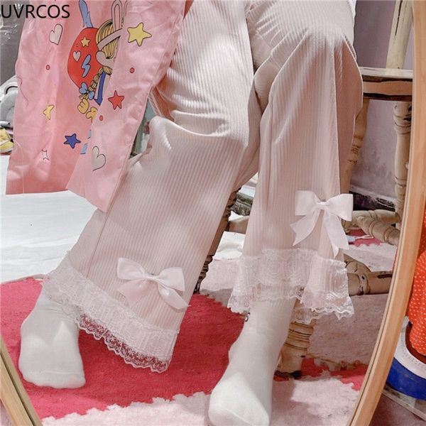 Calça de duas peças de duas peças japonesas lolita feminina kawaii cintura alta calças velas cádeas de laço doce e largura calças de perna largo