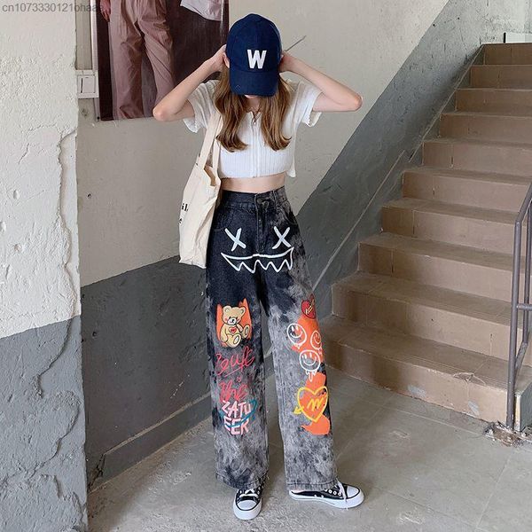 Jeans da donna tendenza americana stile gotico Graffiti donna Y2k Harajuku Street Spice Girl pantaloni denim pantaloni casual femminili a gamba larga