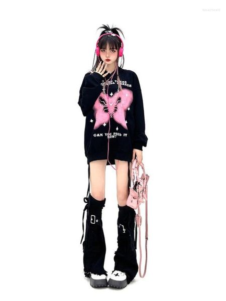 Felpe con cappuccio da donna HOUZHOU Harajuku Y2k Vintage Streetwear Felpa con cappuccio da donna 2023 Autunno Moda coreana Farfalla Stampa Felpa con cappuccio oversize