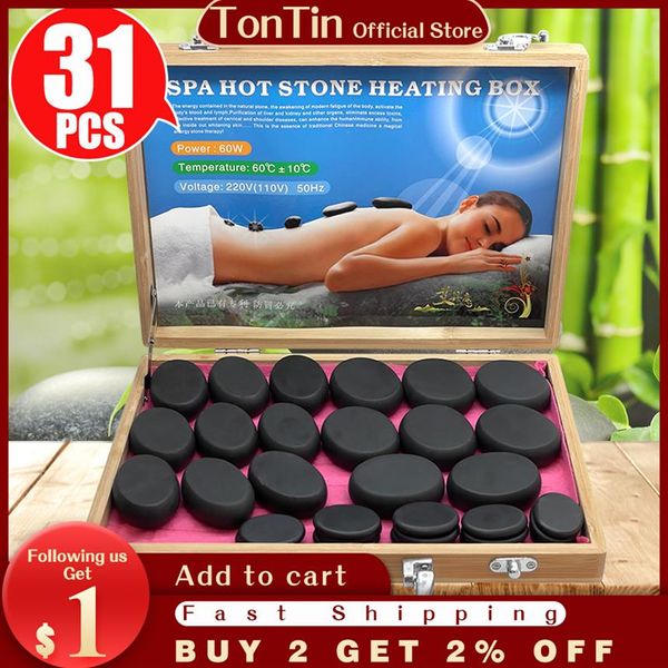 Tontin 31 pçs conjunto de pedra massagem conjunto ferramenta basalto massagem pedras 220v 110v caixa aquecedor bambu ce rohs pedra redonda massager251h