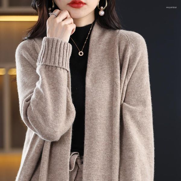 Suéteres femininos de lã cardigan longo casaco de malha solto coreano virou gravata bolso outono e inverno2023zehangsea