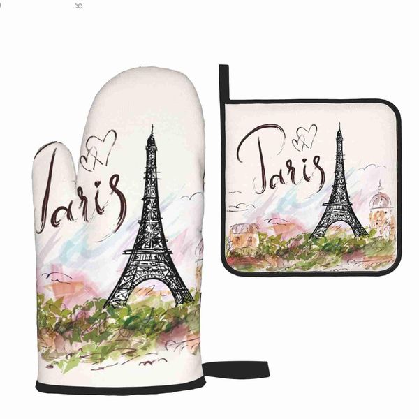 Luvas de forno Fantasia Torre Eiffel Paris Luvas francesas românticas e suporte de panela Conjunto resistente ao calor antiderrapante almofadas de cozinha Z230810 Drop Deli Dhyiv