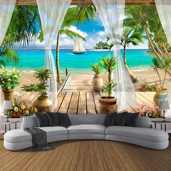 Personalizado 3d po papel de parede varanda areia praia mar vista 3d sala estar sofá quarto tv fundo mural papel de parede decoração casa 186z