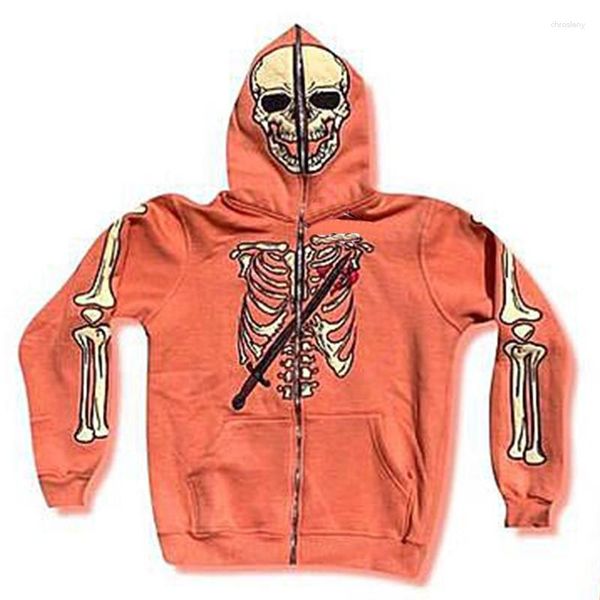 Damen Hoodies Reißverschluss Hoodie Retro Hip-Hop Skeleton Stickerei Patch Full-Style Sweatshirt Cardigan Punk Mantel Junk Clothes Street