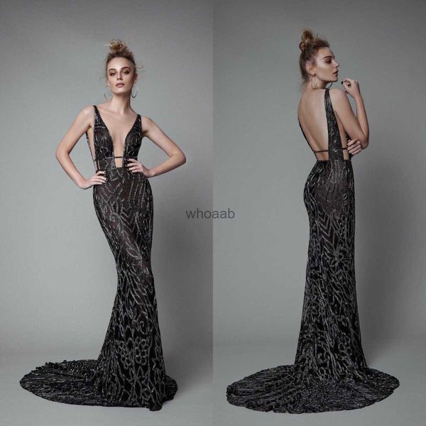 Magnífico vestido de noite Berta preto com decote em V profundo sem costas ilusão sereia vestido de noite com miçangas completas sexy elegante vestido de baile ocasião formal HKD230912