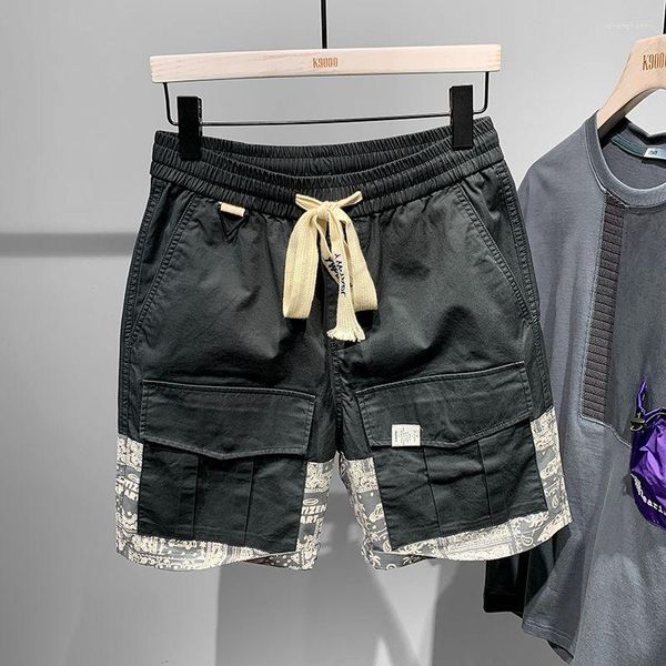 Männer Shorts Sommer Nähte Elastische Taille Overalls Mode Kordelzug Einfache Casual Lose High Street Fünf-punkt Hosen Männliche Kleidung