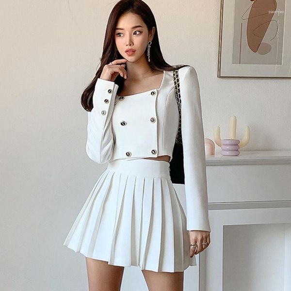 Vestidos de trabalho moda estilo coreano sexy roupas de rua mulheres vintage duplo breasted casaco curto jaqueta plissada mini saia feminina 2 peças conjunto