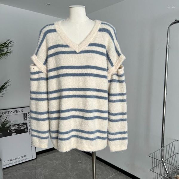 Damenpullover EBAIHUI Eleganter Pullover mit blauen und weißen Streifen für schlankes Design Damen Strickwaren Frühling Vielseitiger, lockerer Langarmpullover